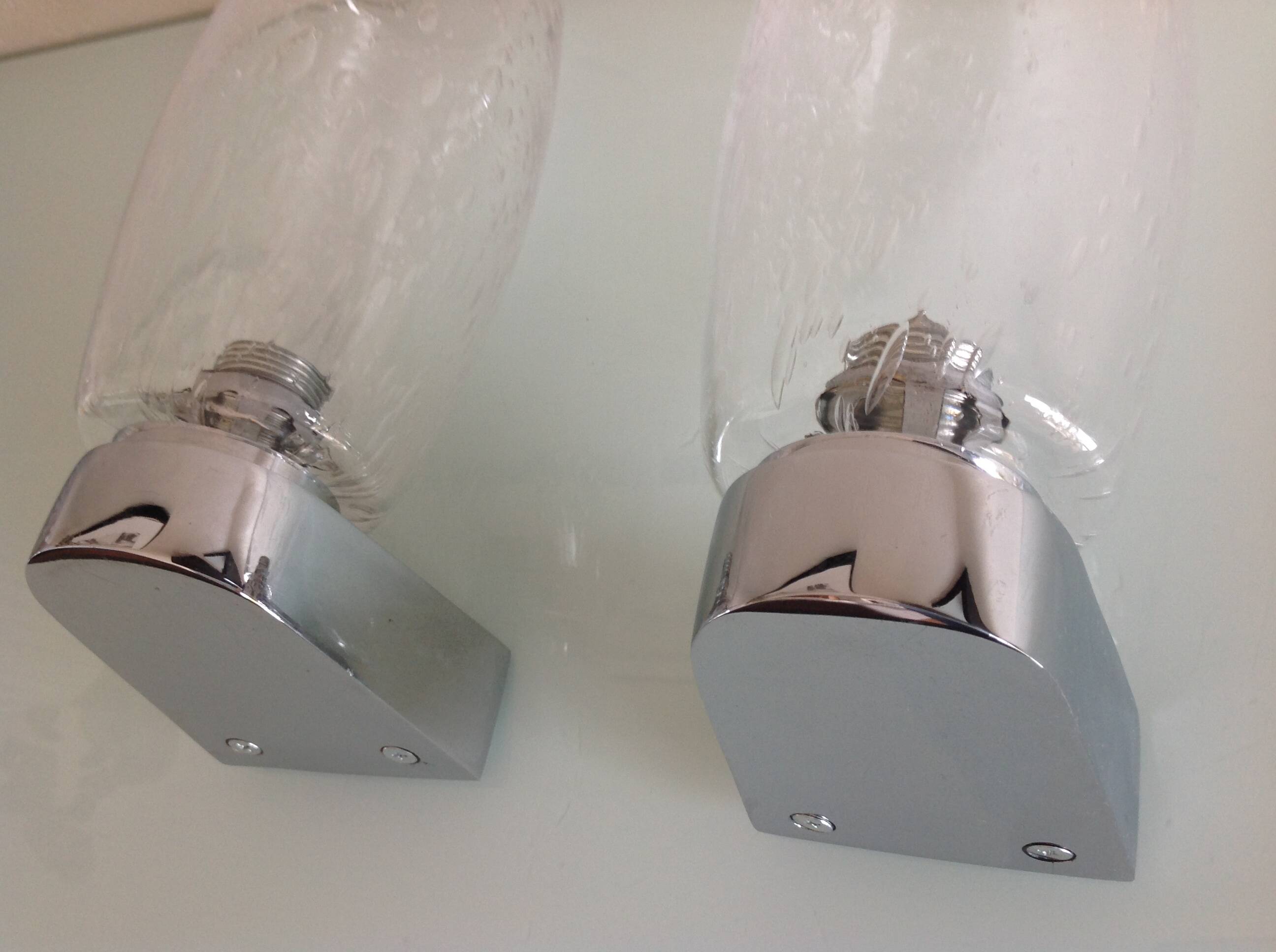 Pair of vintage 1970s-80s glass and chrome wall lights with teardrop shapes