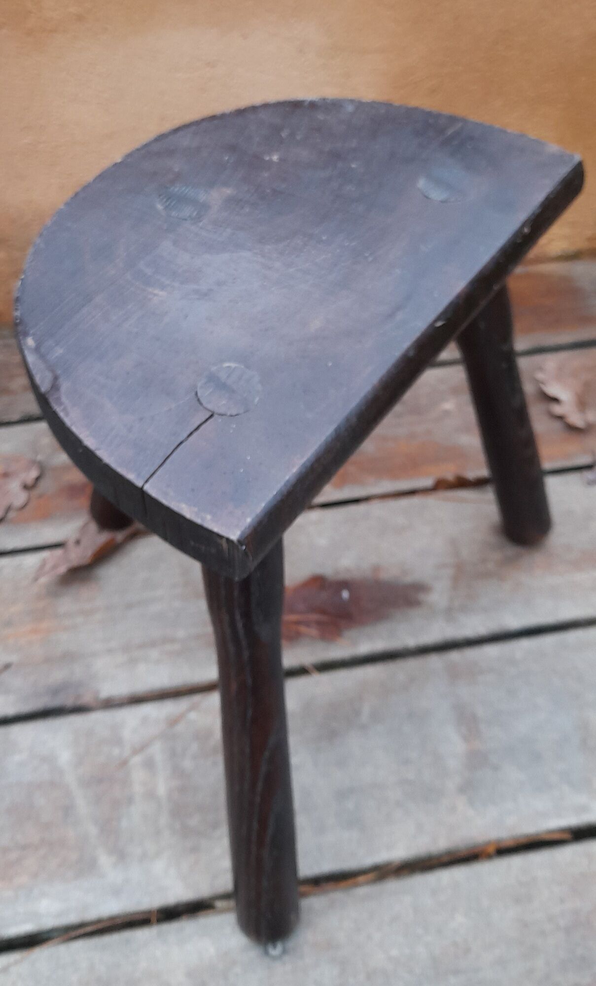 Old farmhouse stool in solid wood, brutalist & authentic, circa 1970's