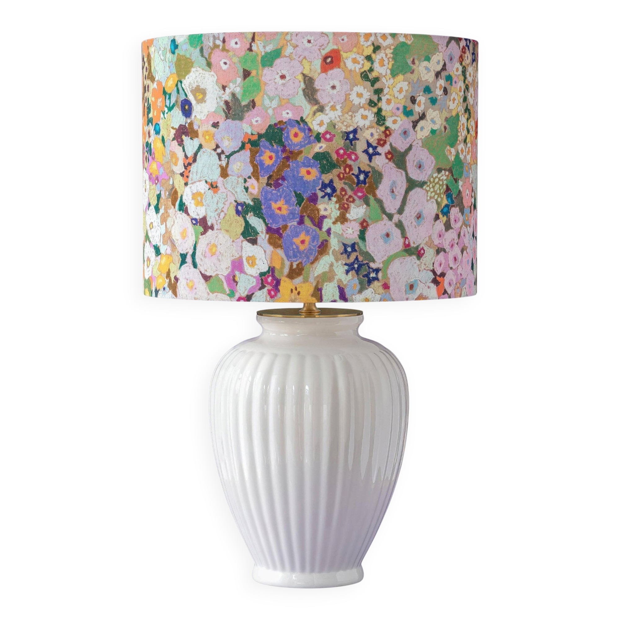 Large floral maximalist table lamp with a Delft ceramic base and new lampshade.
