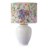Large floral maximalist table lamp with a Delft ceramic base and new lampshade.