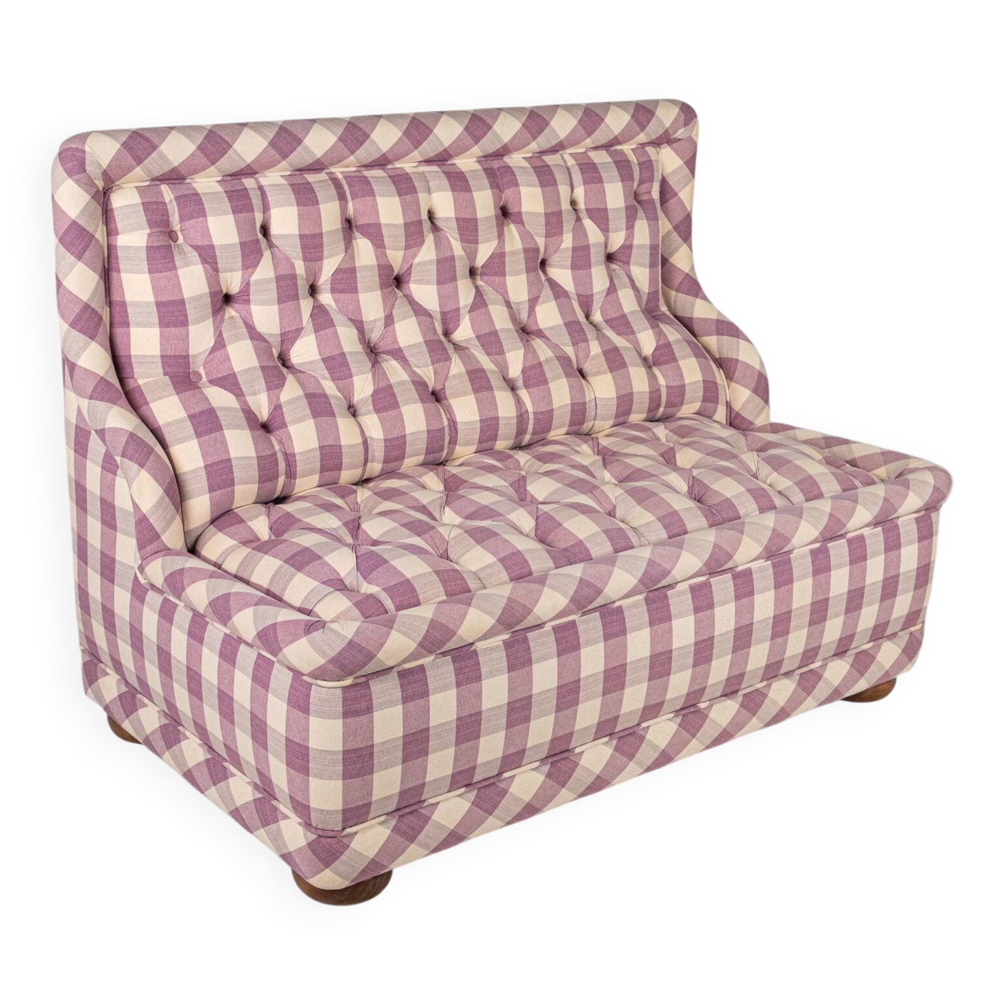 Upholstered bench in mauve and cream Vichy fabric, France, 1970s