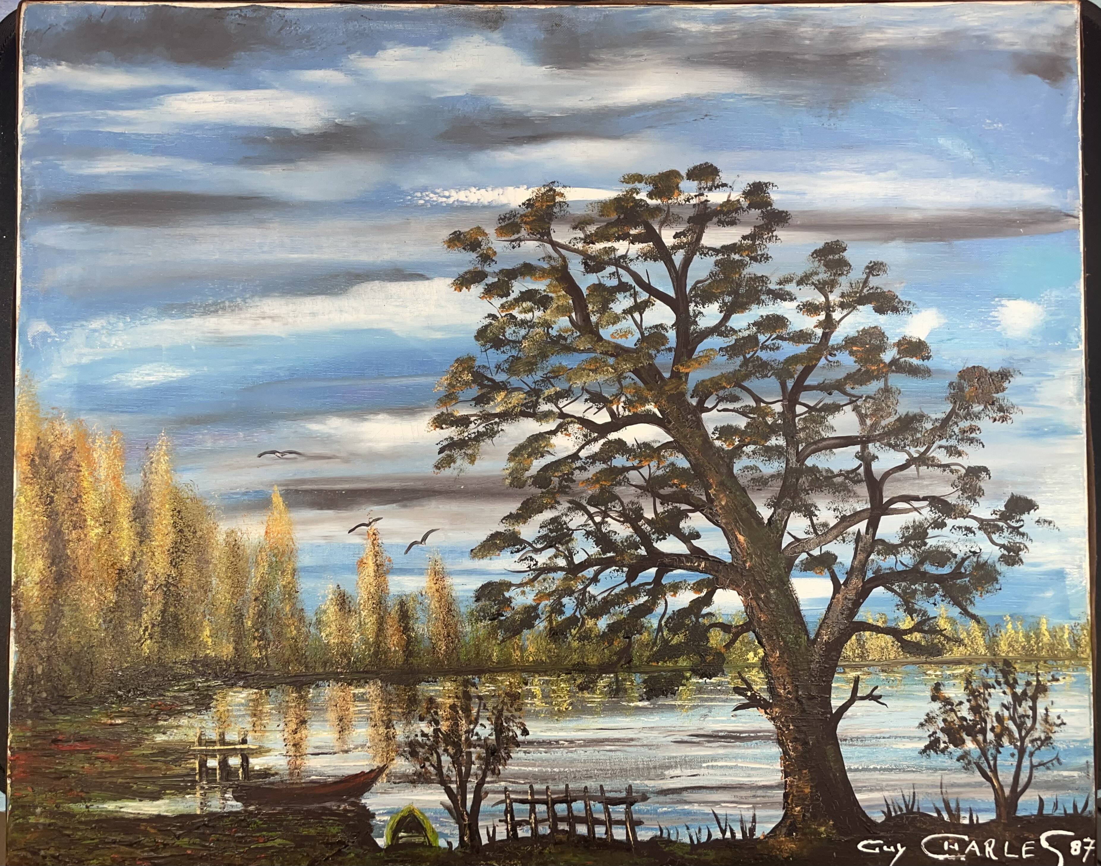 Lake landscape, Vendée marshes, oil on canvas signed Guy Charles