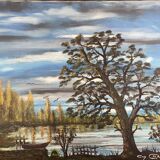 Lake landscape, Vendée marshes, oil on canvas signed Guy Charles