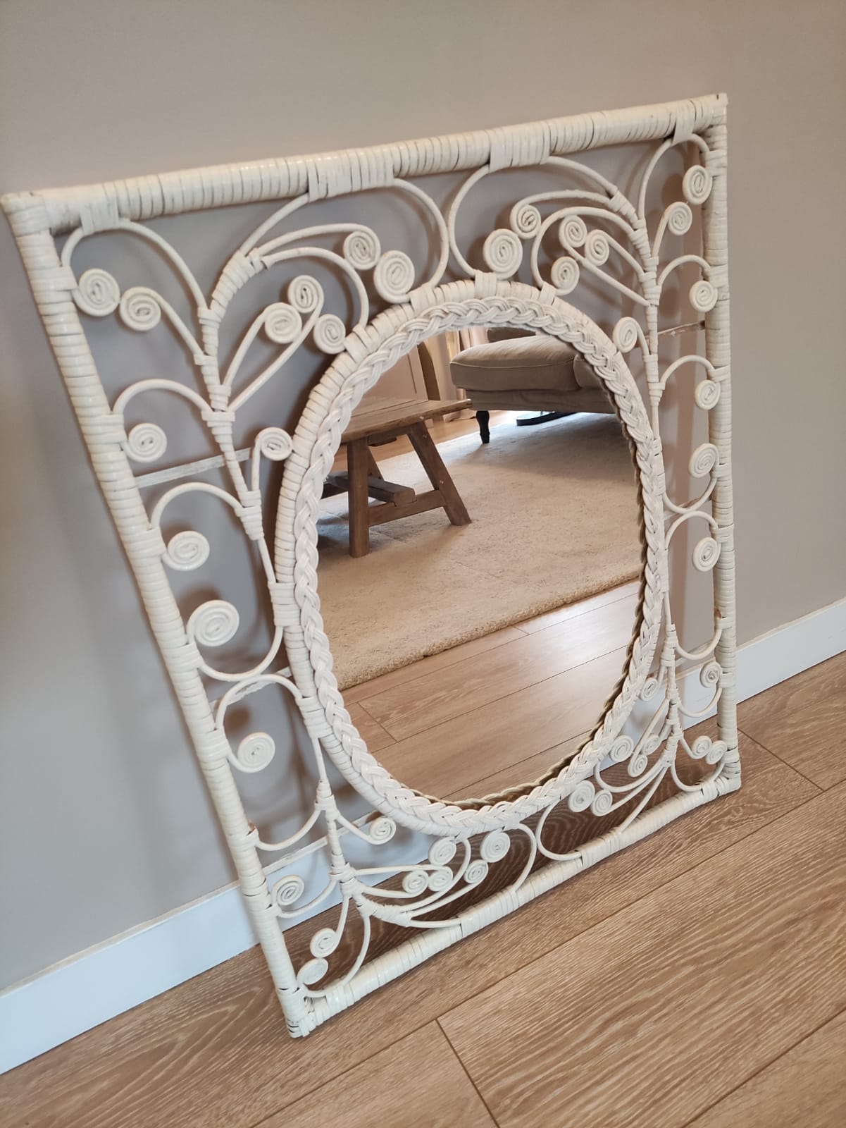 White rattan mirror peacock style 60x77cm