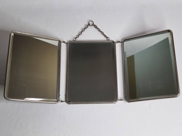 Ancien miroir de barbier triptyque, cadre métal et dos simili cuir 1930