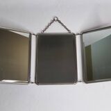 Antique triptych barber's mirror, metal frame and imitation leather back, 1930
