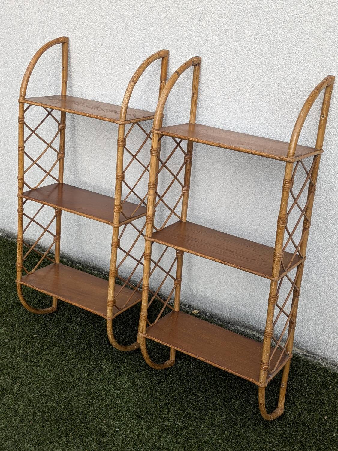 Pair of vintage bamboo and rattan wall shelves 1960