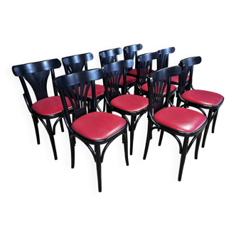 Set of 10 black bistro chairs and red leatherette France
