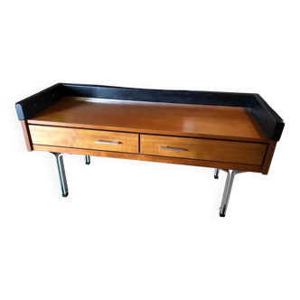 Teak and imitation leather sideboard with 2 drawers