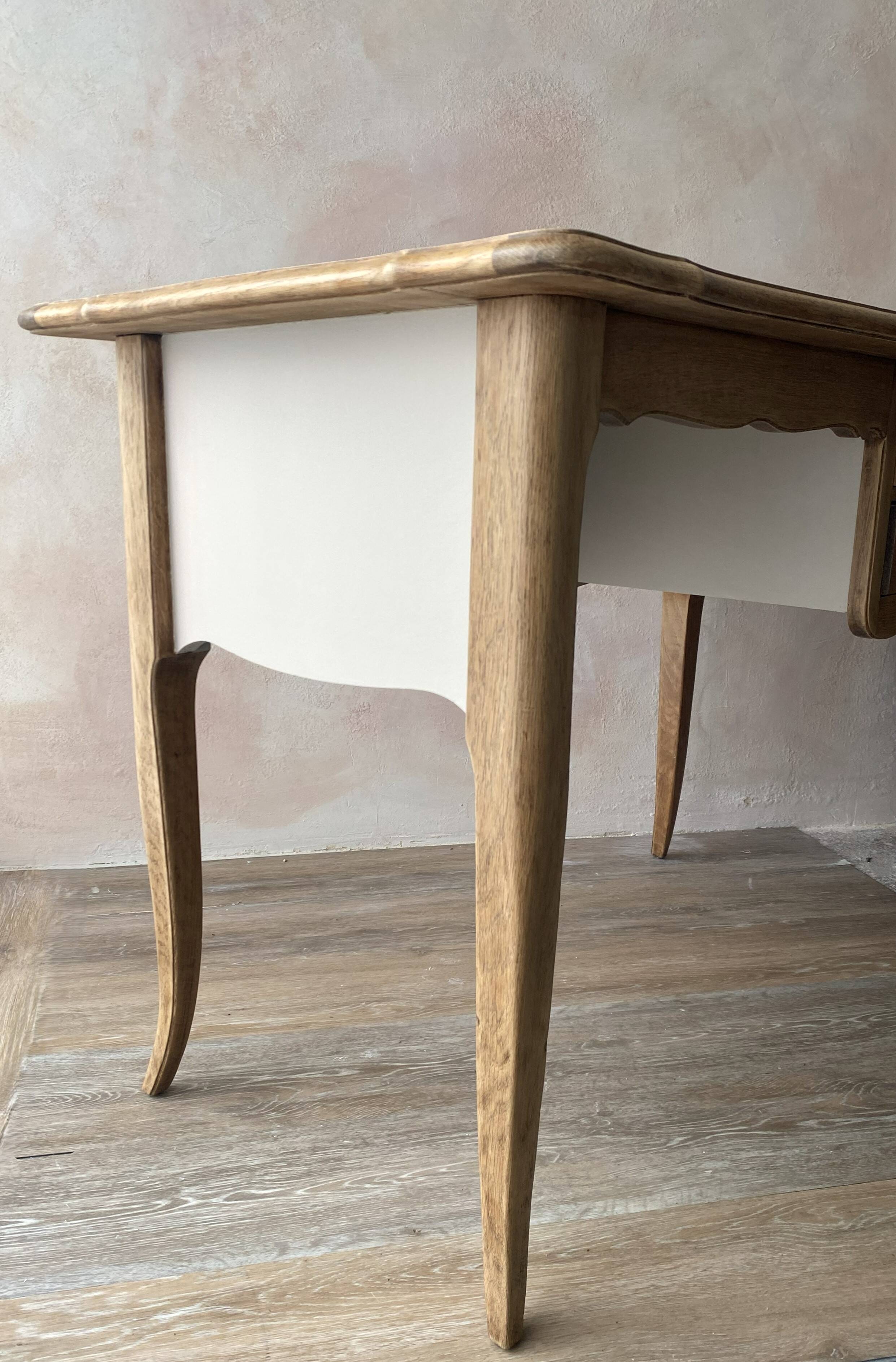 Antique 2-drawer desk in raw wood and beige, renovated.