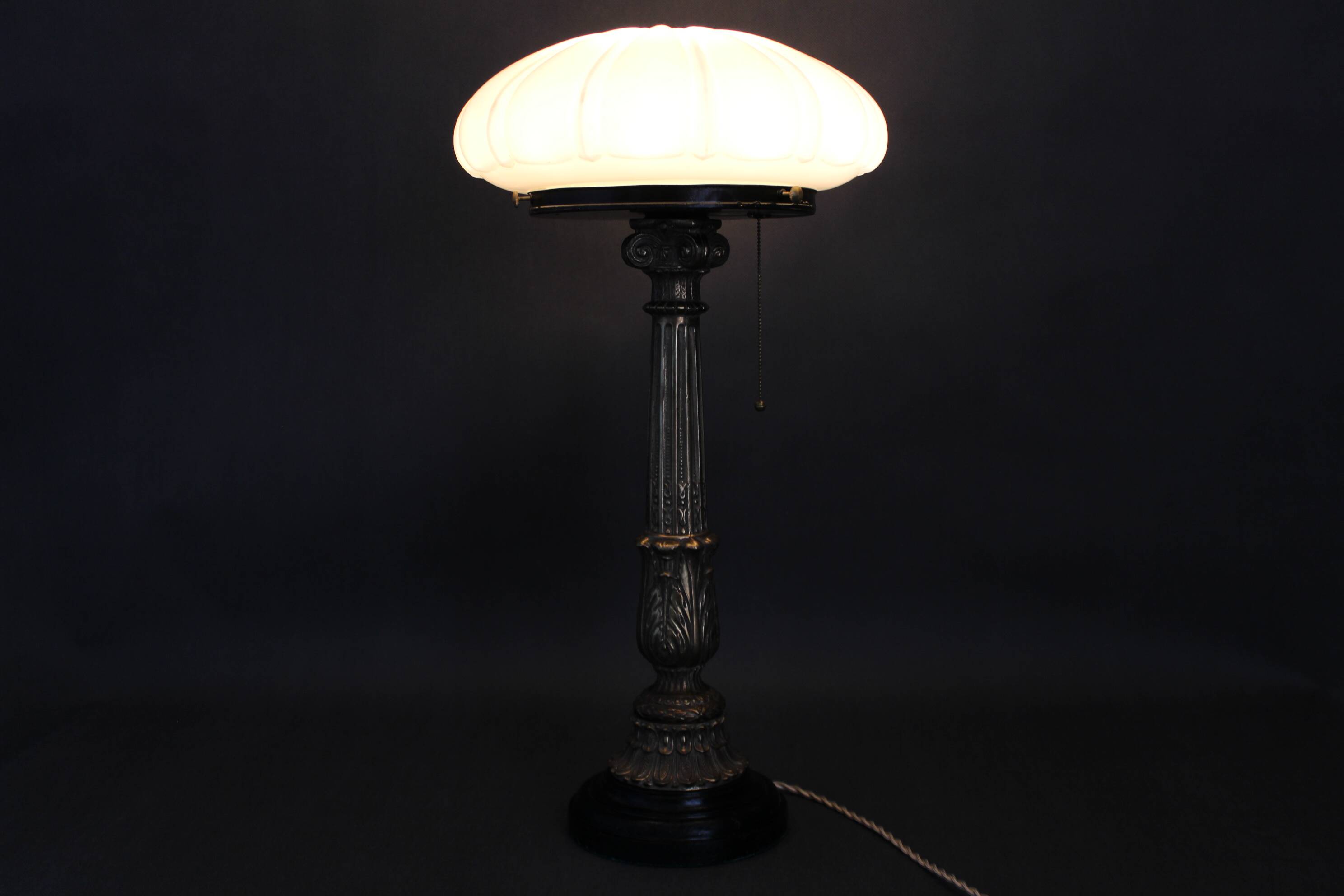 1940s Restored Brass Table Lamp with Wooden Base and Glass Shade