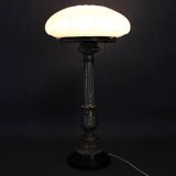 1940s Restored Brass Table Lamp with Wooden Base and Glass Shade