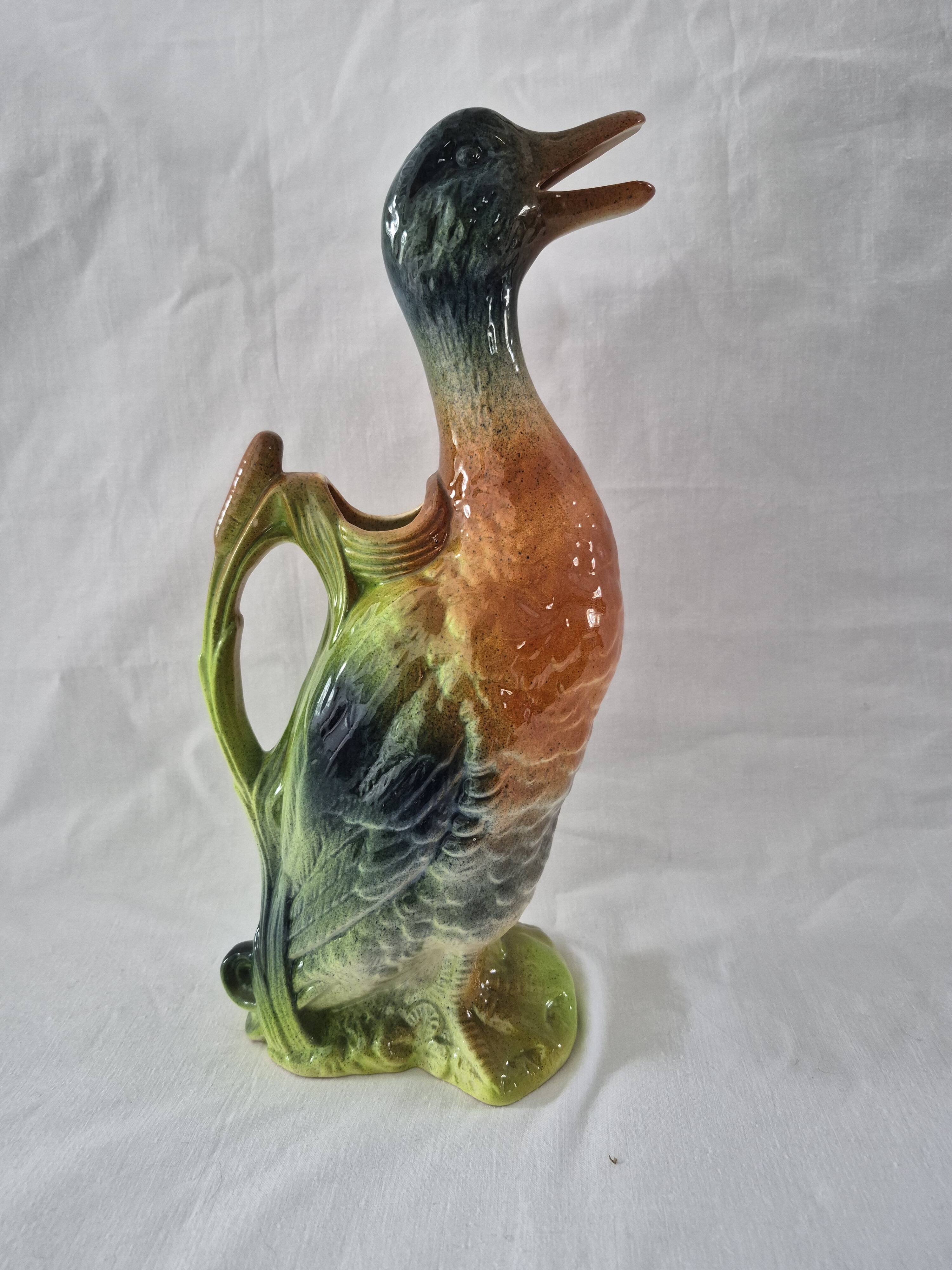 Old barbotine jug Saint Clément Mallard Duck A027