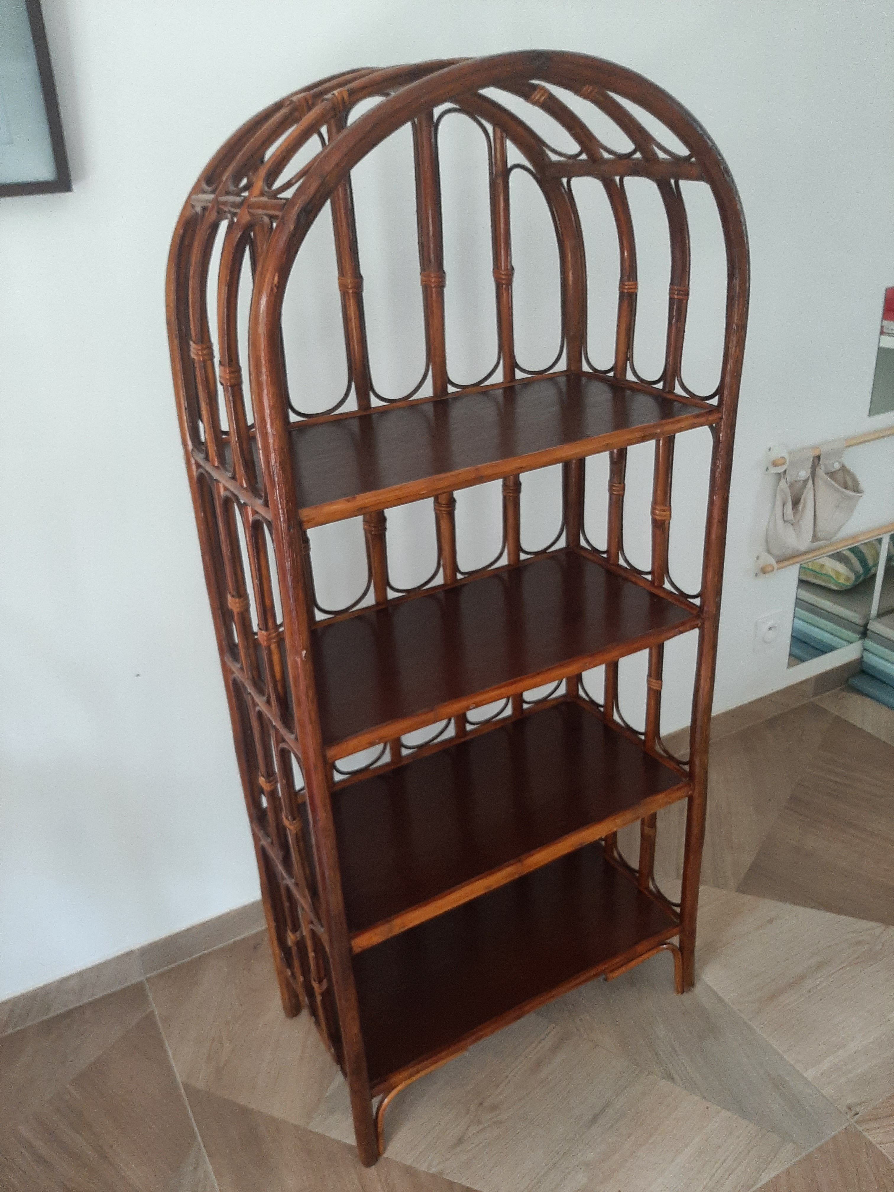 Vintage library 4 levels - wood, bamboo and rattan - retro 80s
