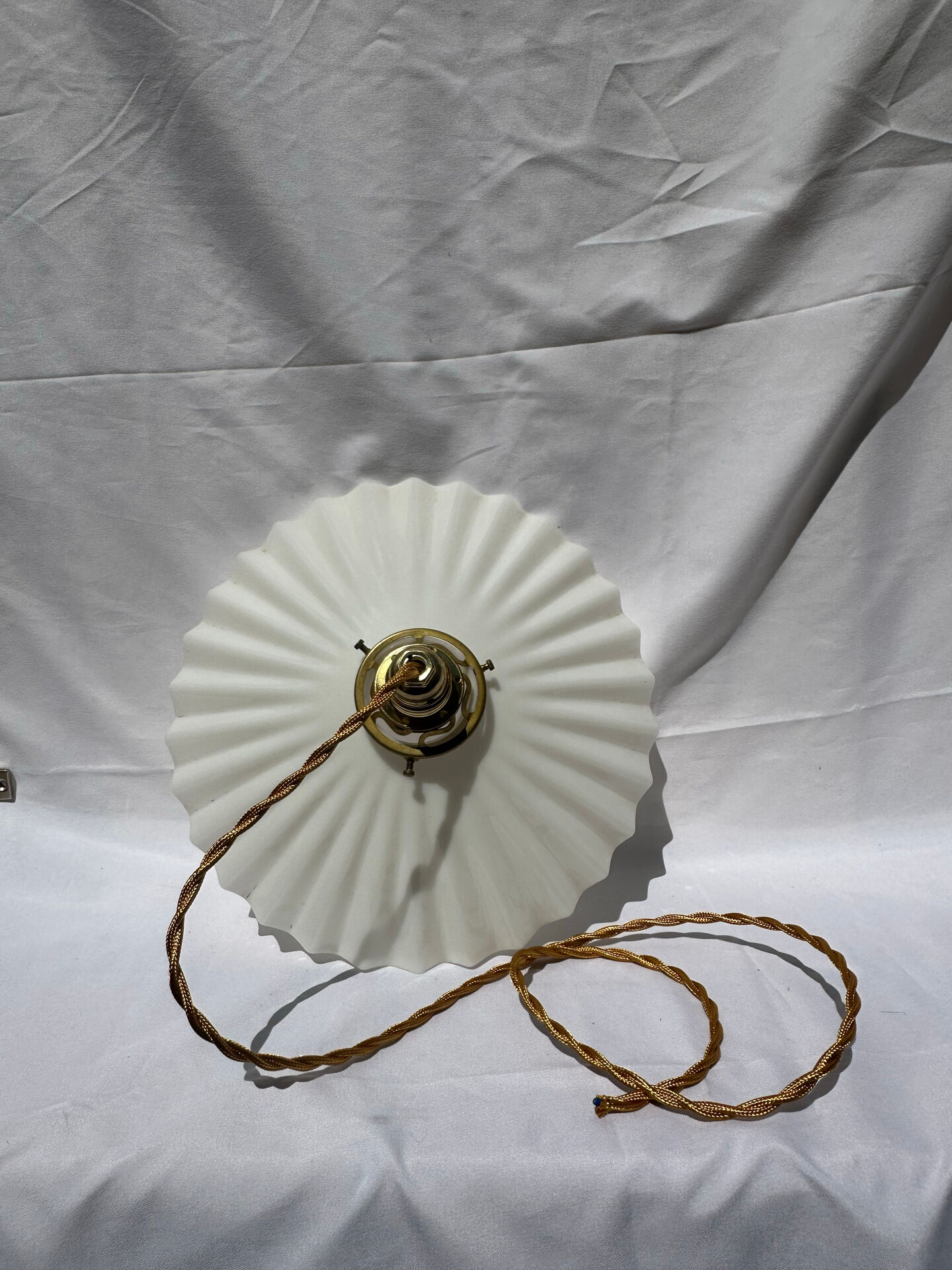 Vintage suspension opaline pleated lampshade with golden threads and claw socket.