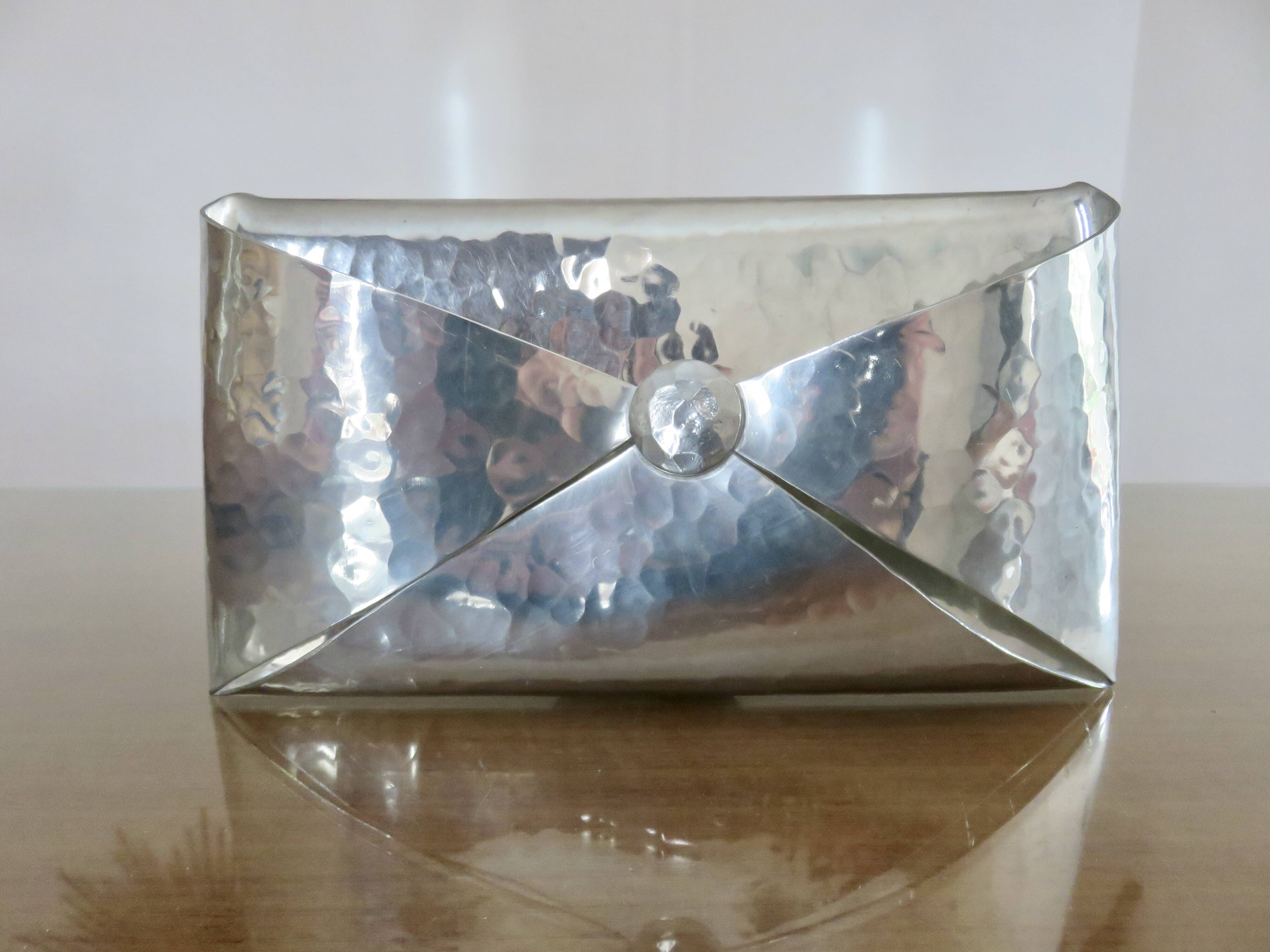 Modernist letter holder jean goardere envelope shape in shiny pewter 1970