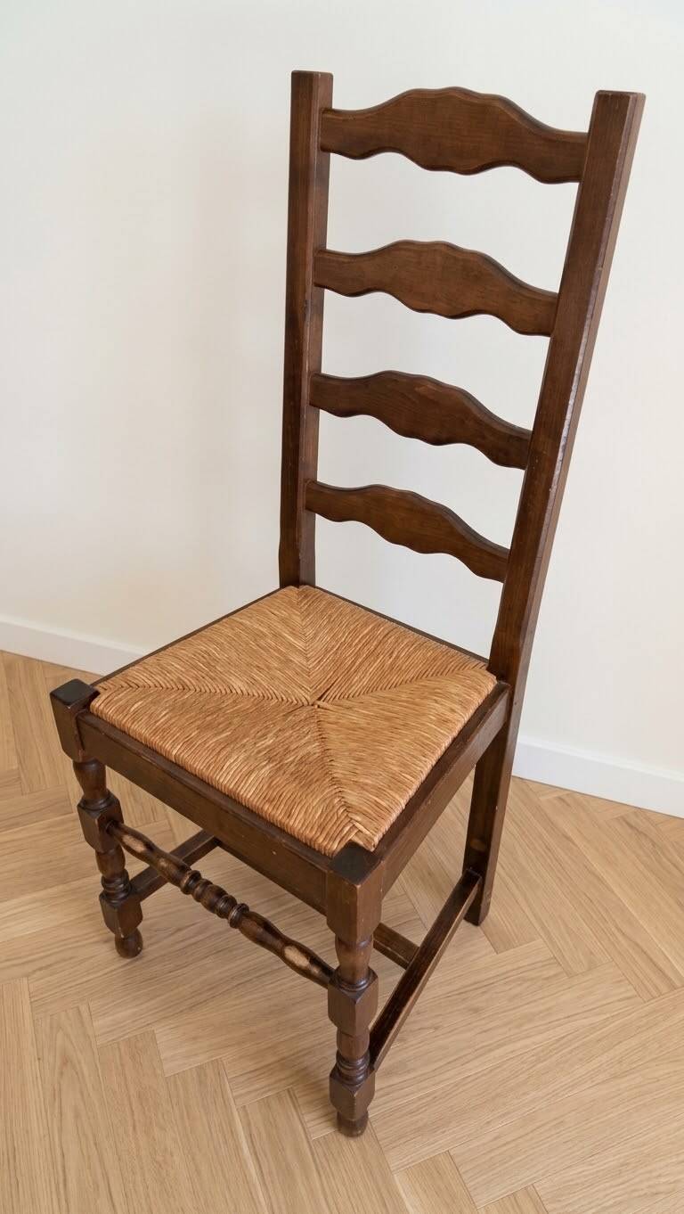 Set of 6 rustic wooden chairs with woven straw.