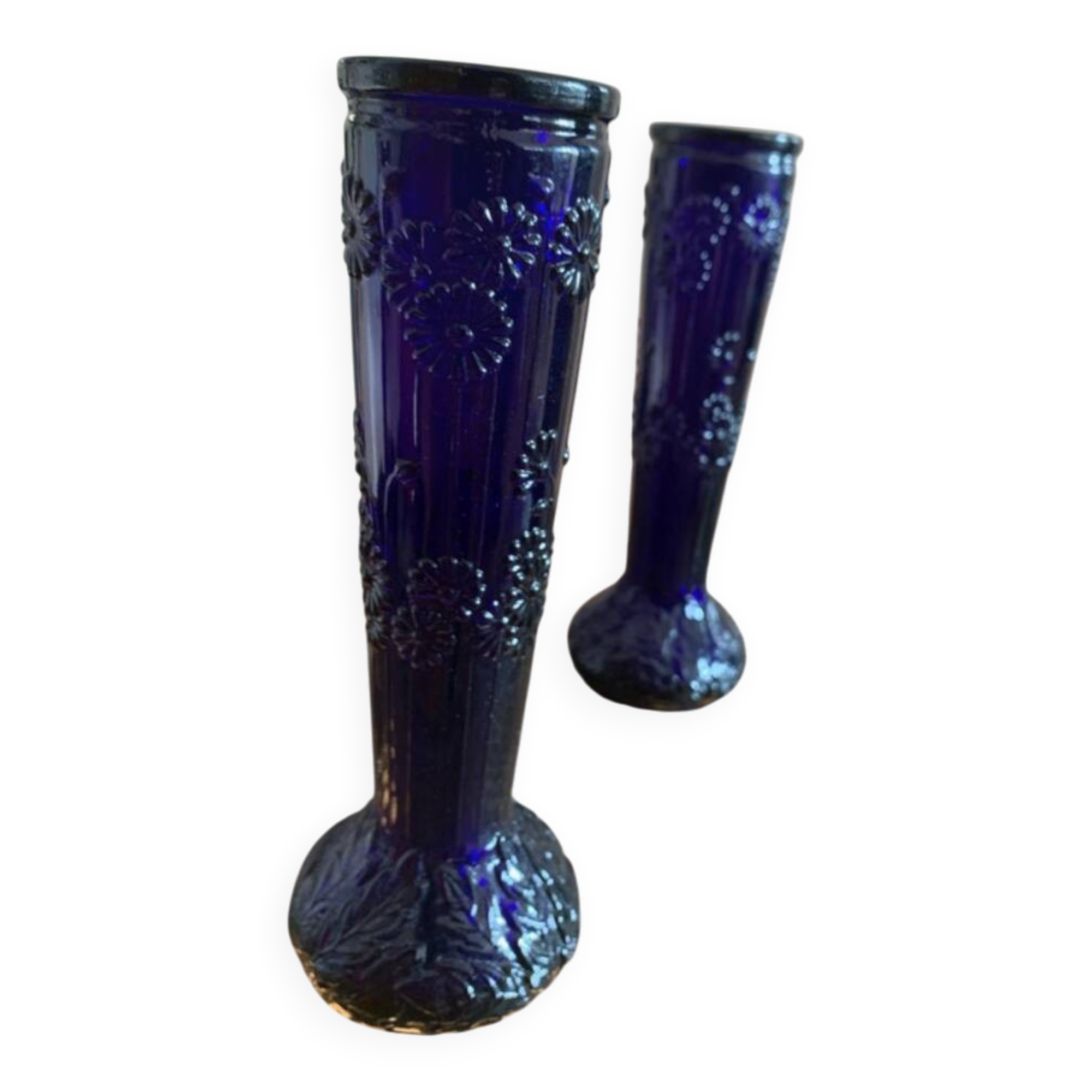 2 vintage cobalt blue pressed glass vases