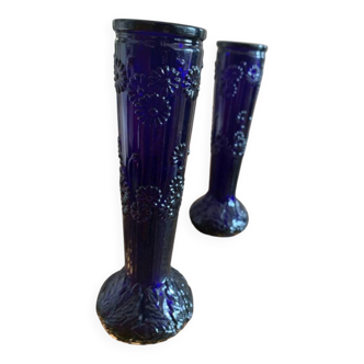 2 vintage cobalt blue pressed glass vases