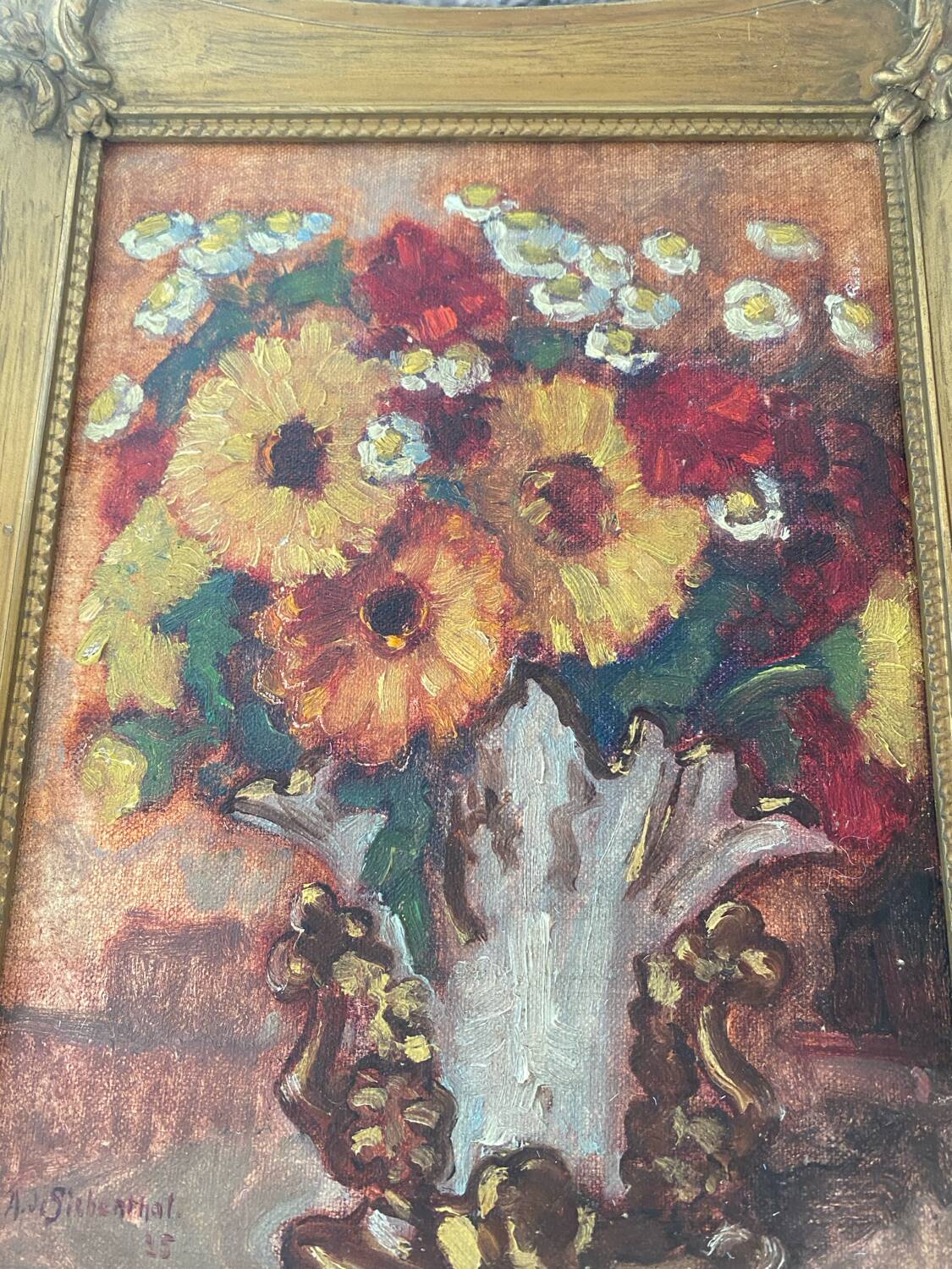 Huile sur panneau ancienne encadrée bouquet de fleurs