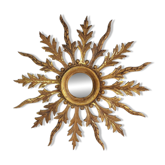 Vintage 50s carved wooden sun mirror, 68 cm, in good condition C917