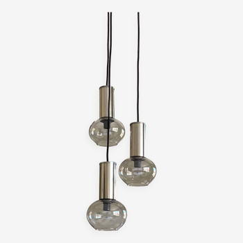 Grand lustre suspension cascade globes en verre fumé gris métal chomé design seventies