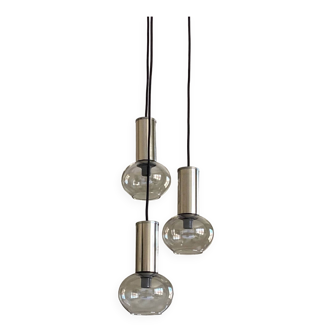 Large chandelier pendant waterfall globes in smoked glass gray metal chome design seventies