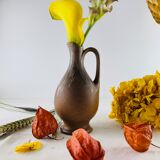 Soliflore vase in ancient sandstone brown and black ewer shape signed Denbac