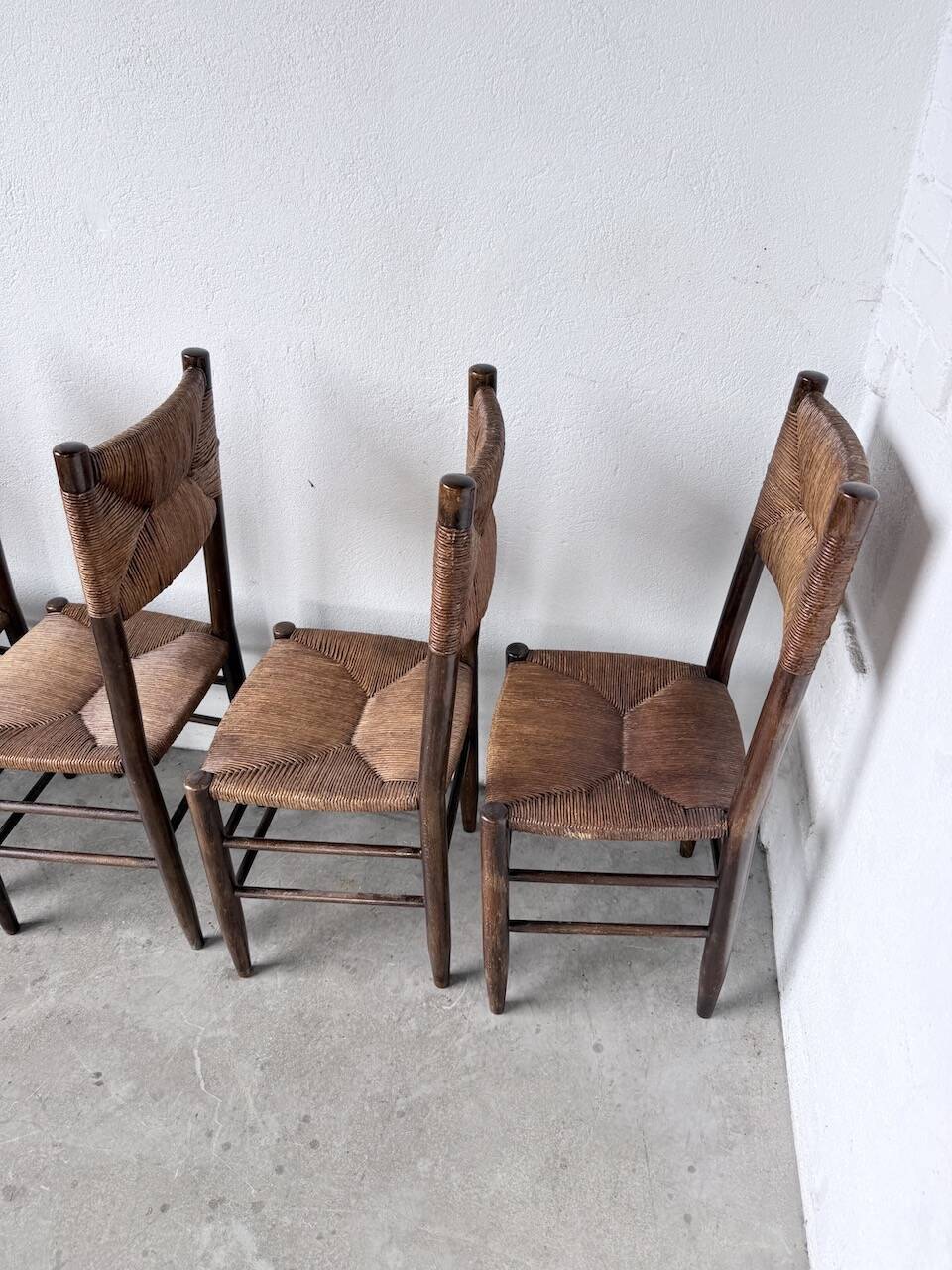 Set of 6 straw and oak Beauche chairs.
