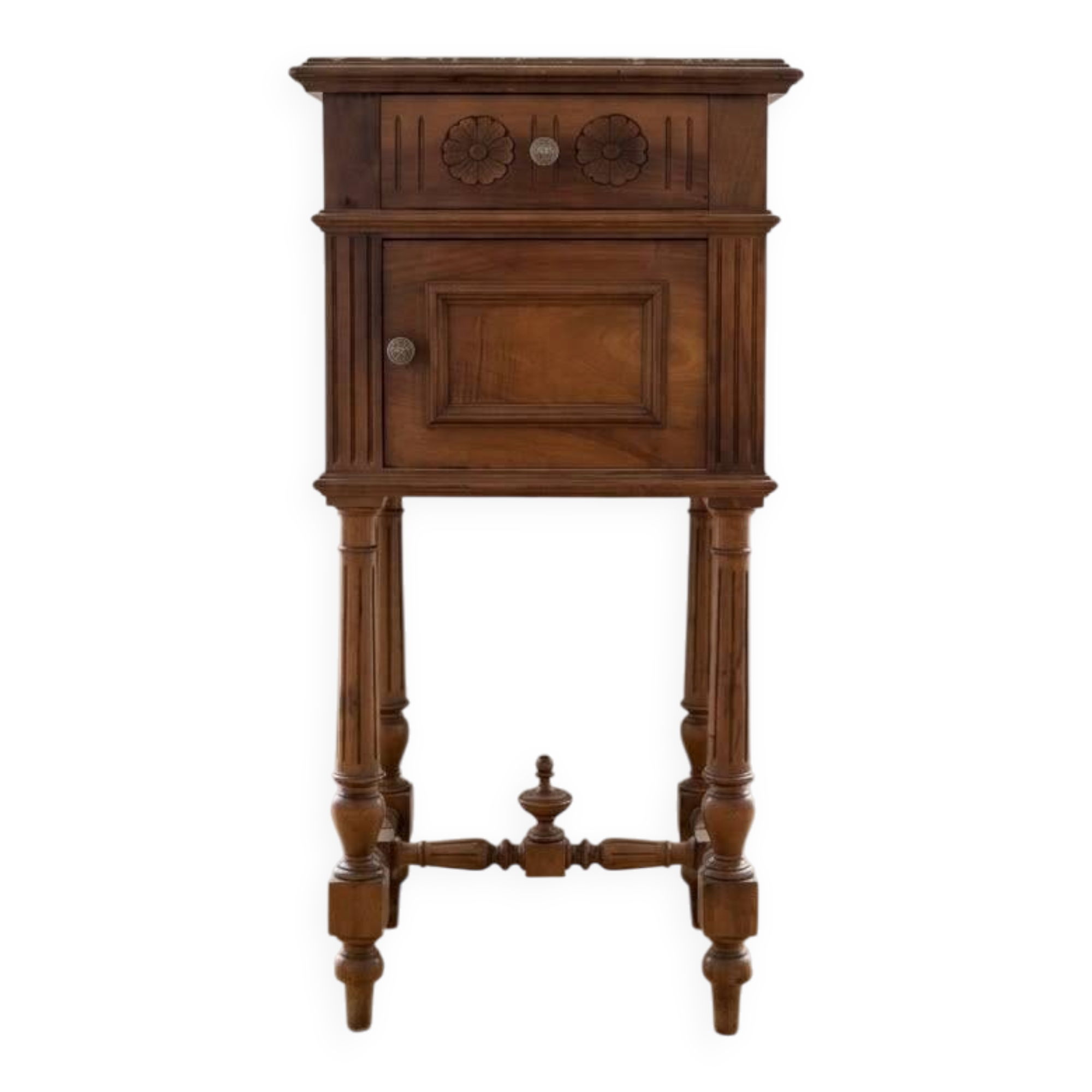Antique wooden bedside table with a marble top.