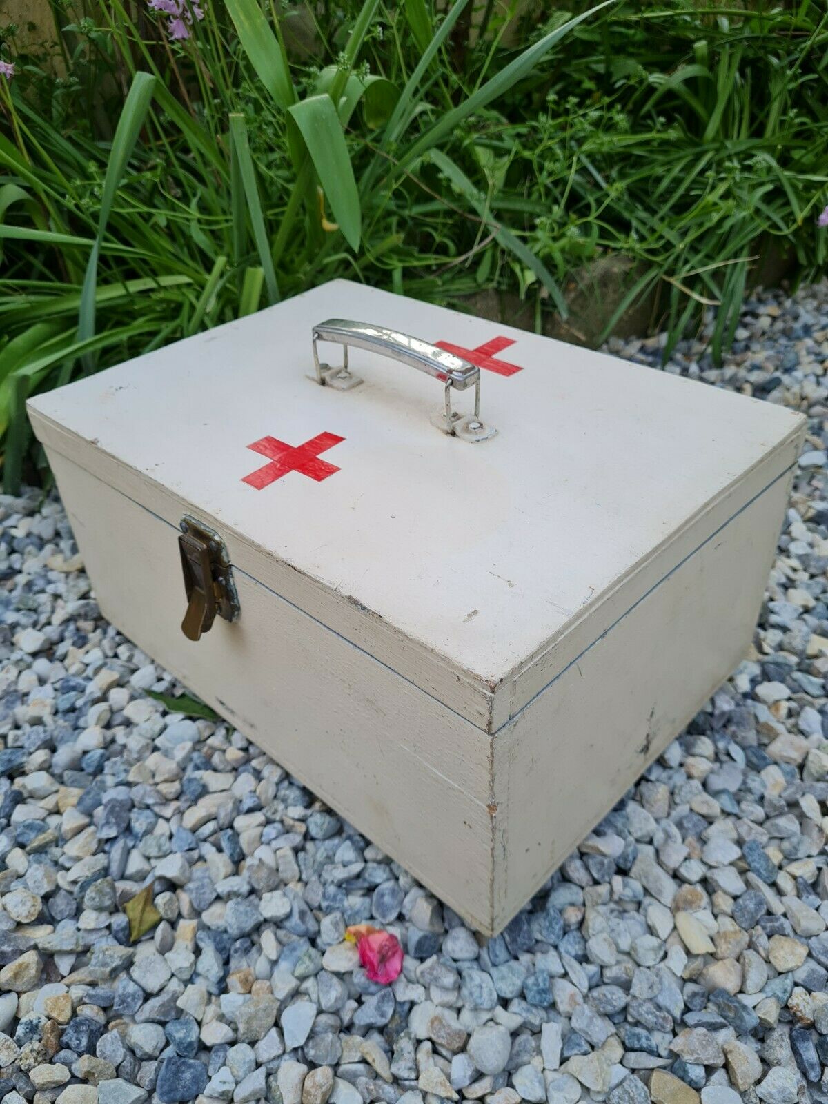 Portable pharmacy box made of vintage wood