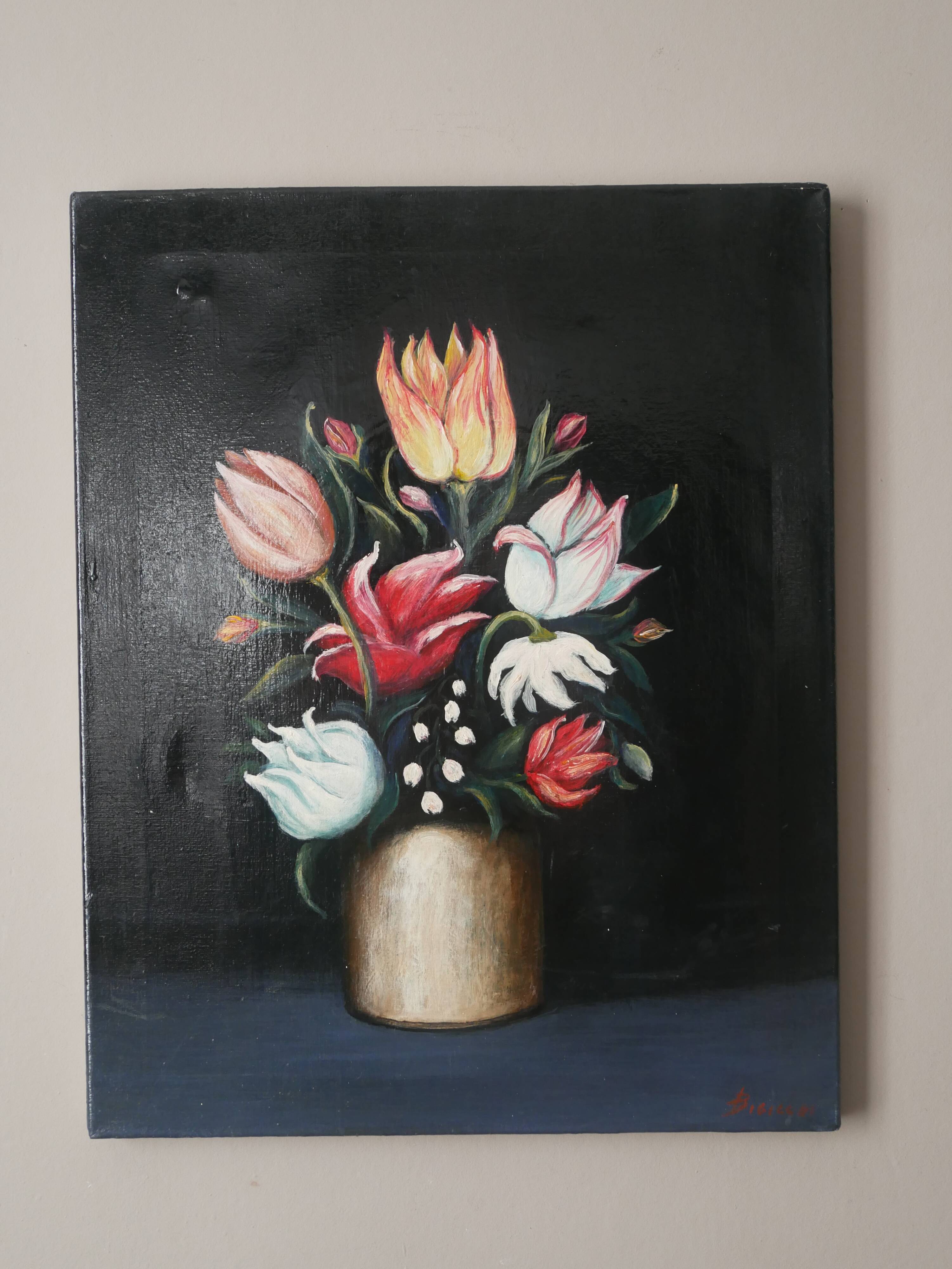 Painting on canvas still life decoration countryside bouquet flowers vintage frame black background