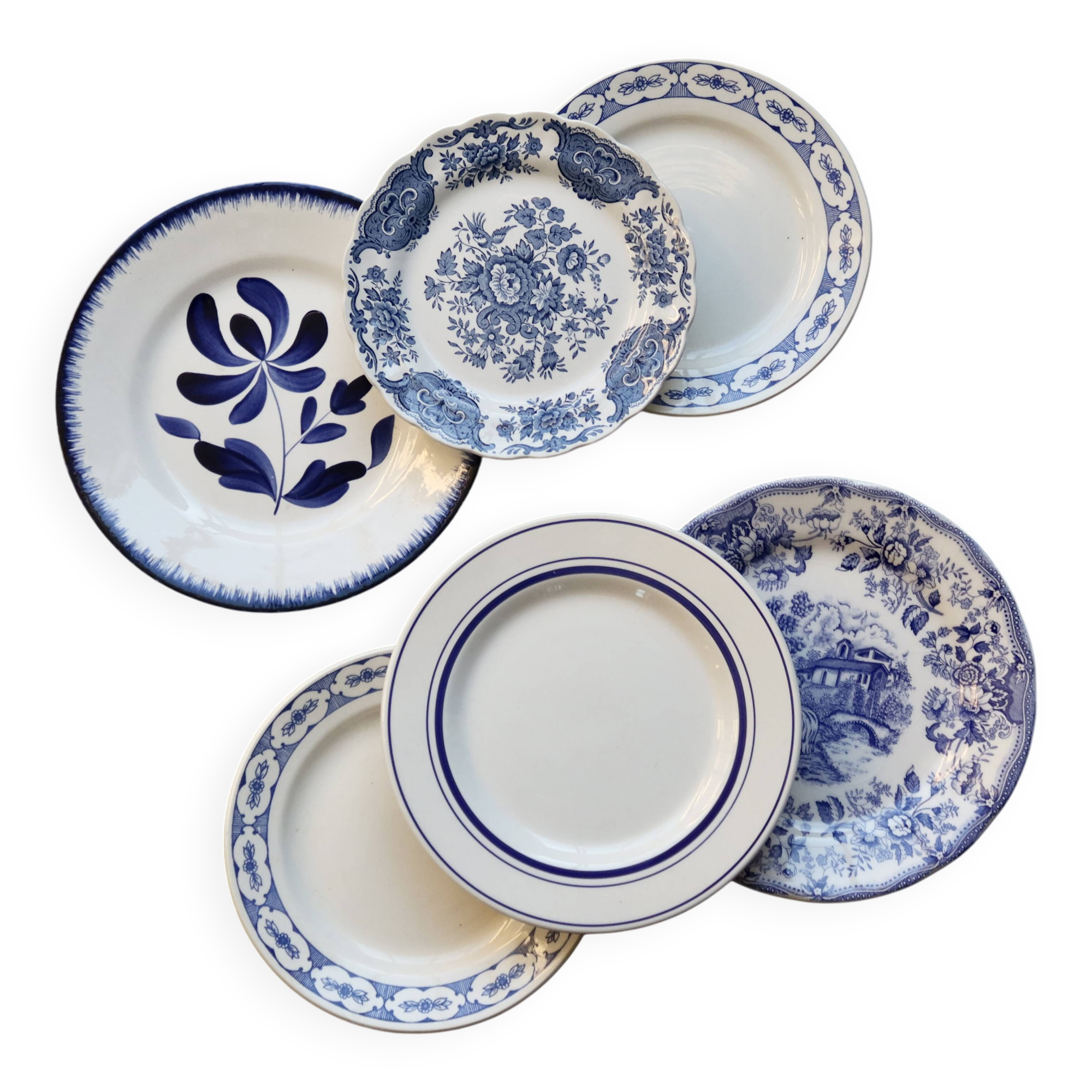 6 vintage mismatched blue and white porcelain dessert plates