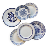 6 vintage mismatched blue and white porcelain dessert plates
