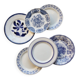 6 vintage mismatched blue and white porcelain dessert plates
