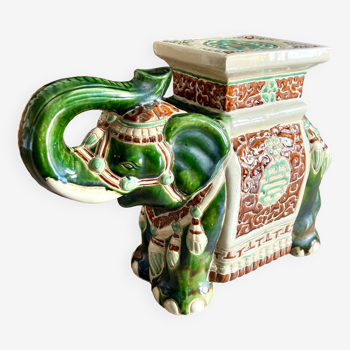 Éléphant en Céramique Émaillée, Porte Plante, Tabouret