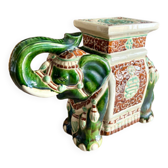 Éléphant en Céramique Émaillée, Porte Plante, Tabouret