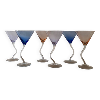 Set of 6 multi-colored dancing cocktail glasses, 1990