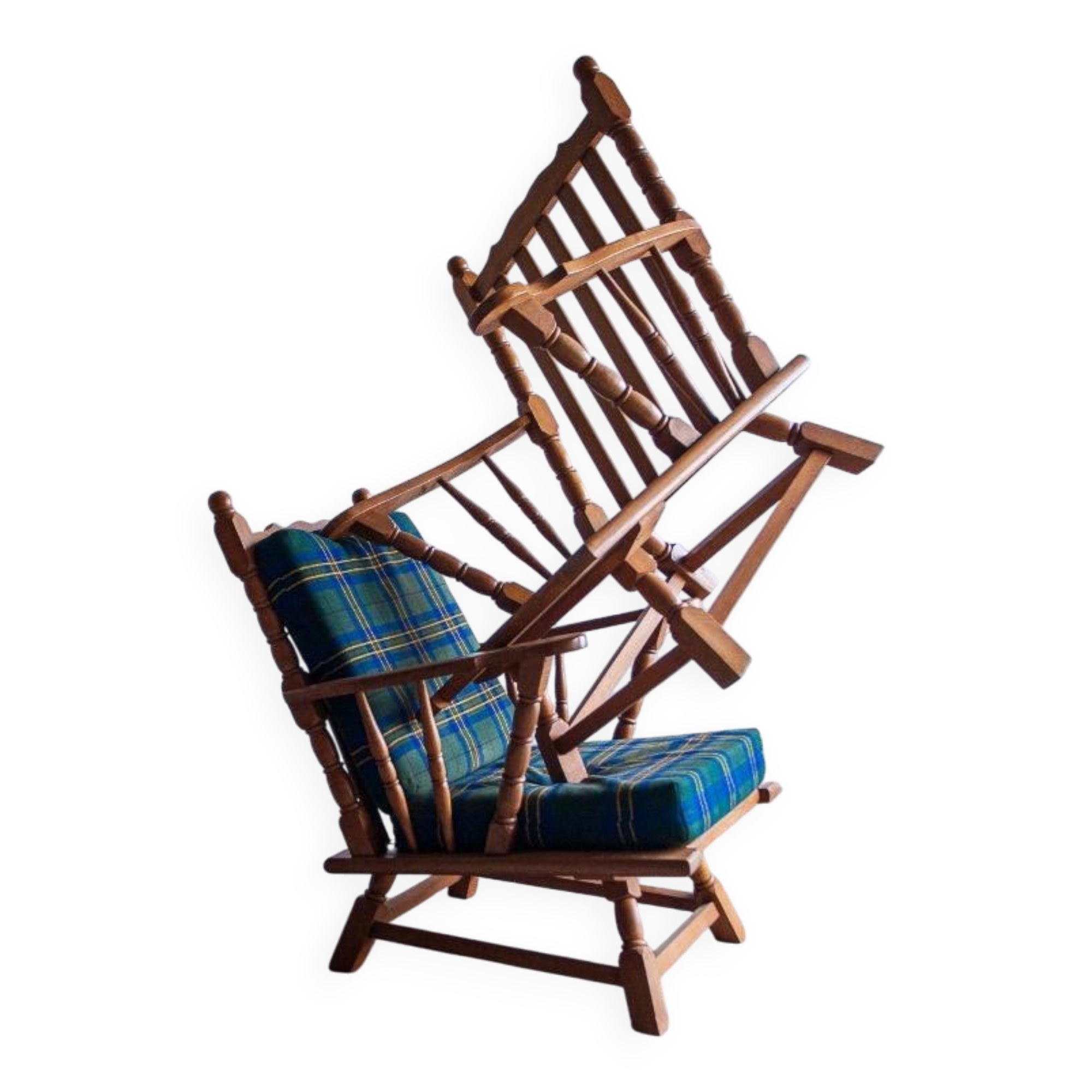 Set of 2 oak armchairs in mid-century style, covered in a blue-green checked fabric.