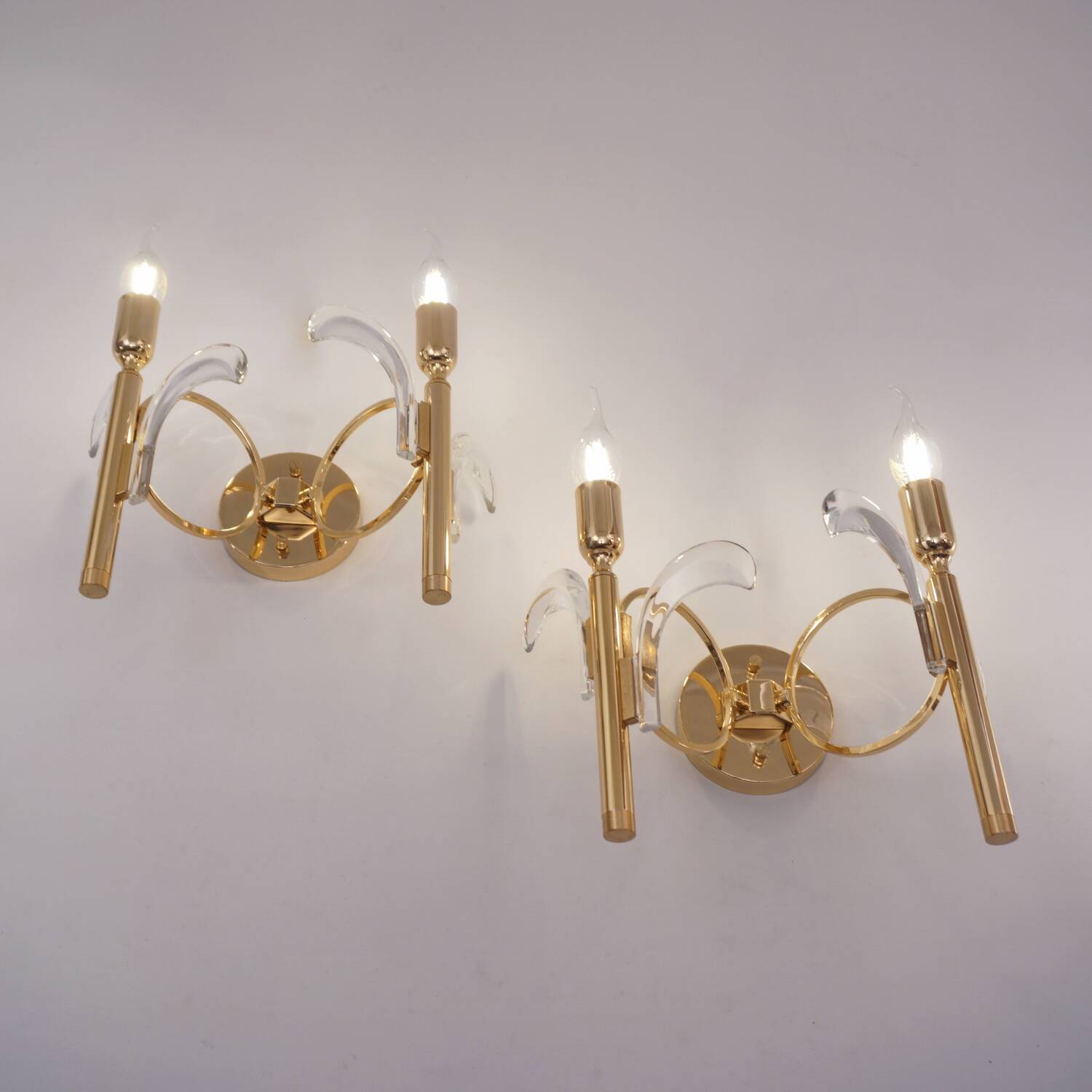 Paire d'appliques murales vintage en forme de palmier, cristal sur plaqué or, années 1970, italien