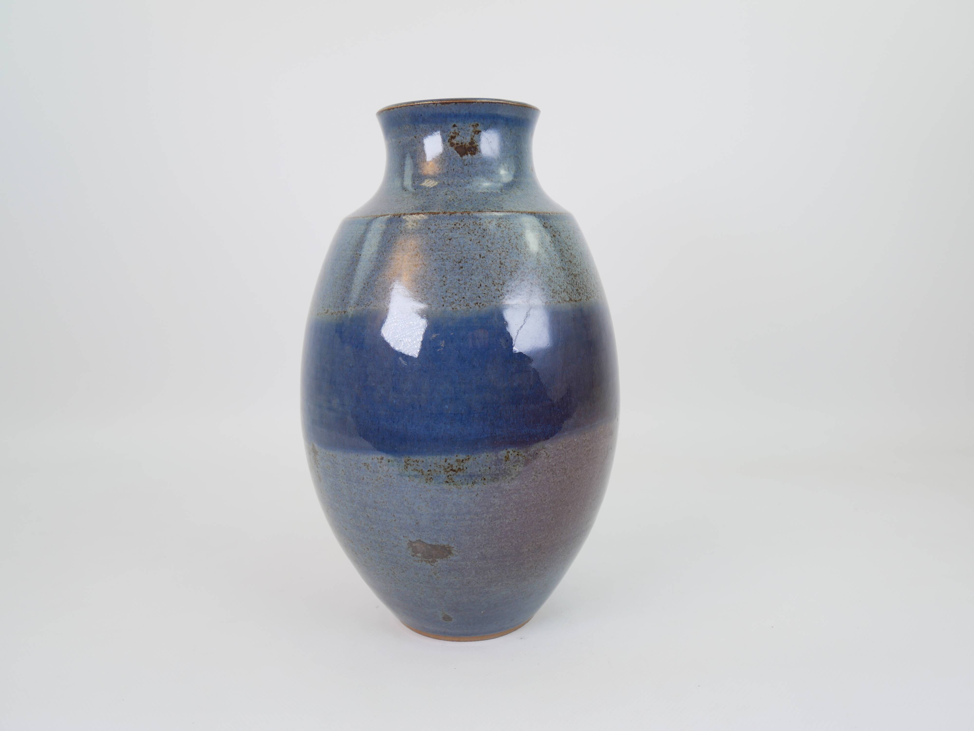 Large blue glazed ceramic vase signed under the base