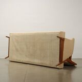 Canapé 3 places vintage des années 50-60, tissu beige et bois