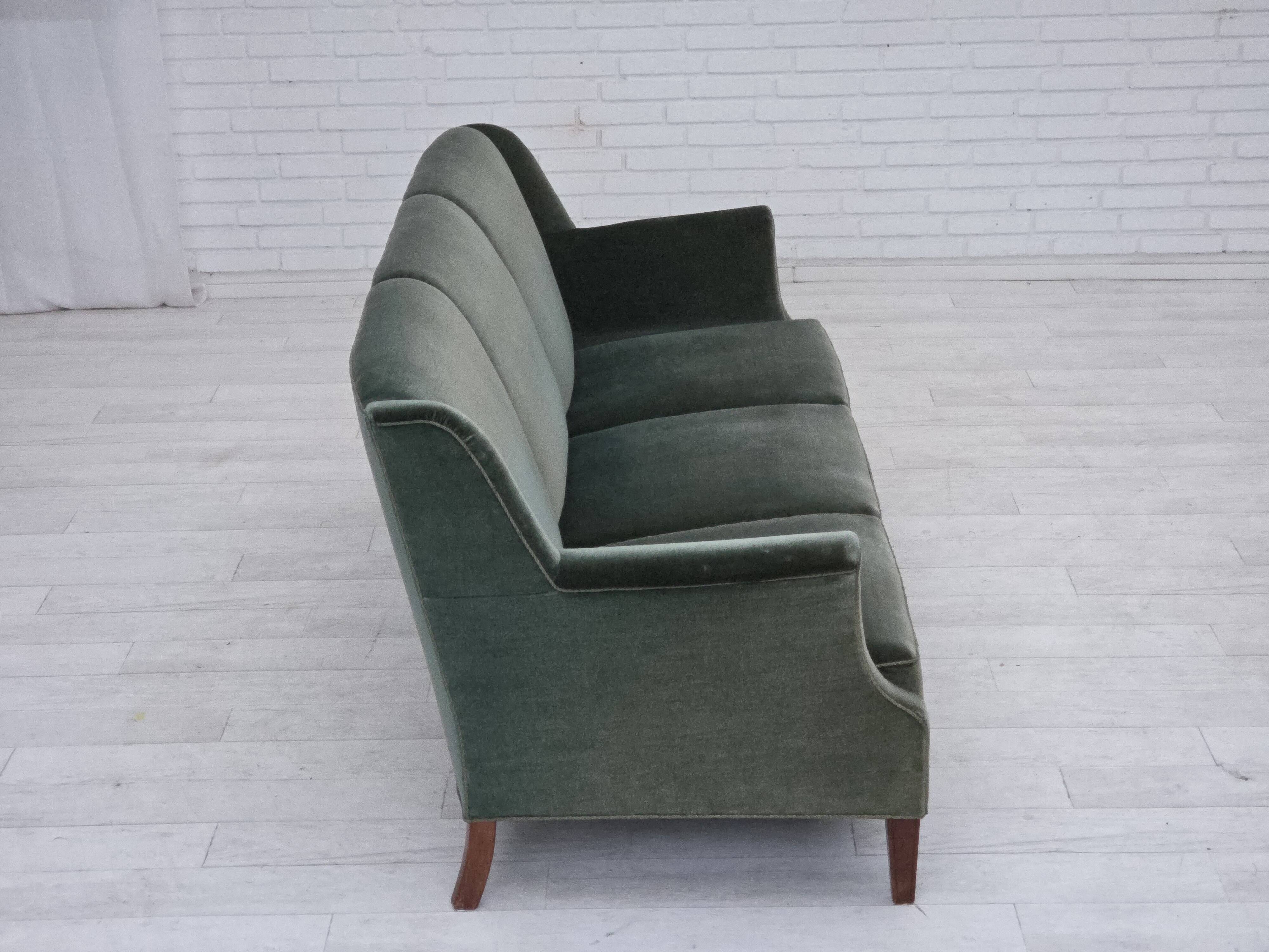 1960s, Danish 3-seater sofa, original turquoise-green furniture velour.