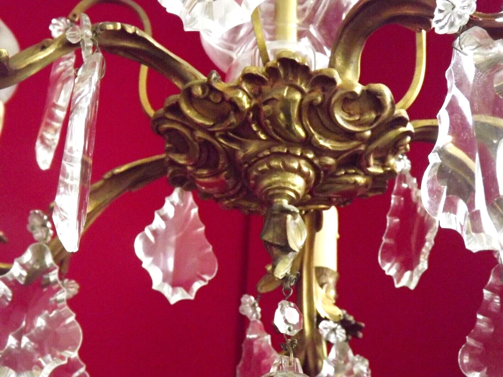 French antique 5 light brass crystal & glass acanthus leaf chandelier