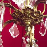 French antique 5 light brass crystal & glass acanthus leaf chandelier