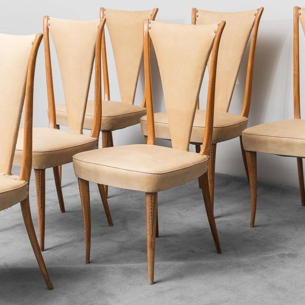 Ensemble de 6 chaises, simili cuir et bois, modernisme vintage années 50