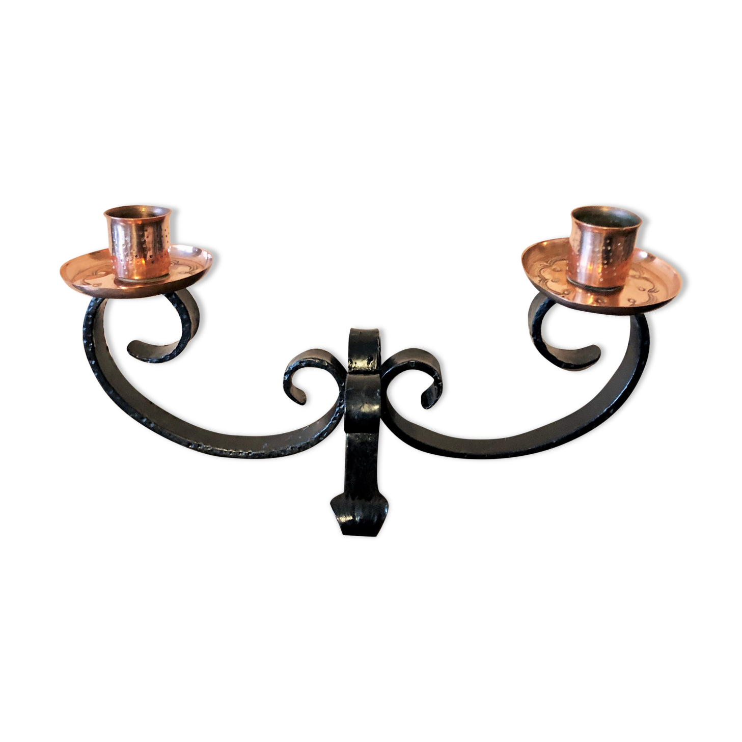 Bougeoir chandelier artisanal fer forgé et cuivre rouge ciselé