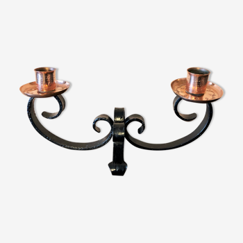 Candlestick chandelier artisanal wrought iron and chiseled red copper