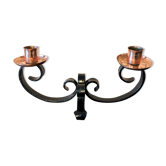 Bougeoir chandelier artisanal fer forgé et cuivre rouge ciselé