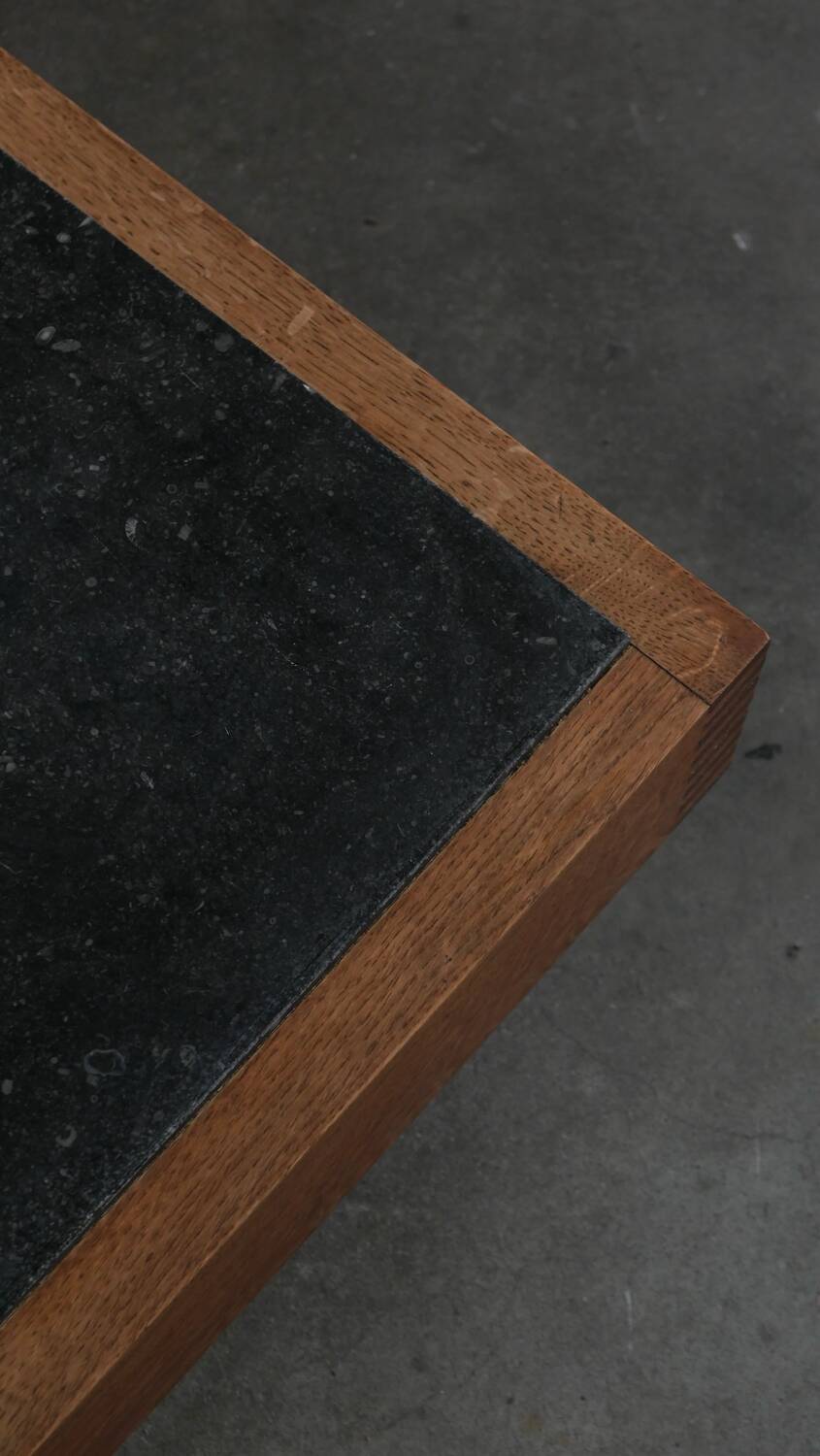 Belgian coffee table from the 80s, oak and blue stone from Belgium.